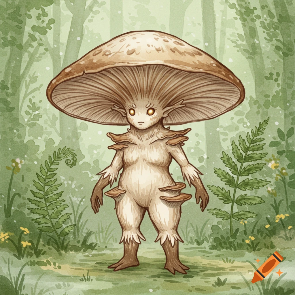 A watercolor painting of a humanoid mushroom creature, a mushroomfolk, with a large brown mushroom cap hat, standing in a green forest.