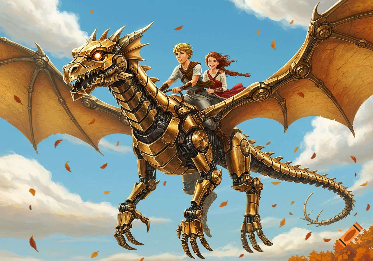A boy and girl ride a golden steampunk dragon flying through a blue sky with white clouds and falling autumn leaves.
