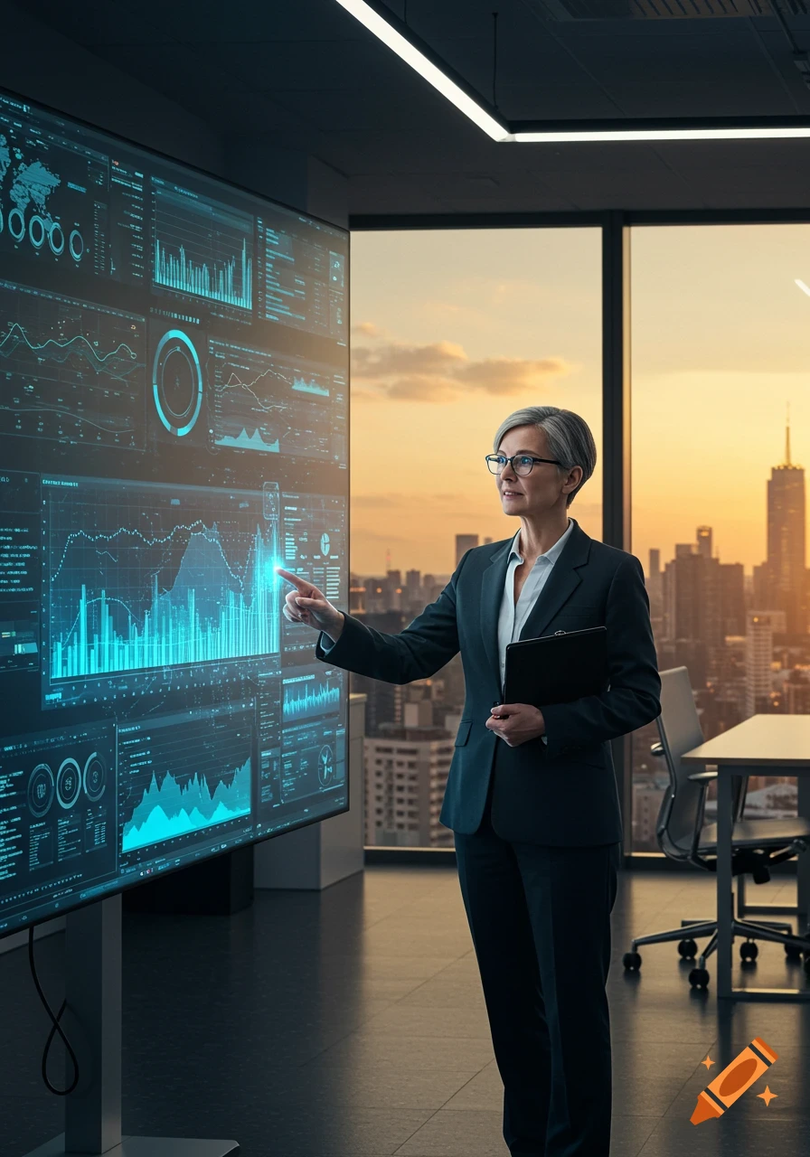 A senior woman in a business suit points at a large interactive screen displaying data visualizations in a modern office overlooking a city at sunset.
