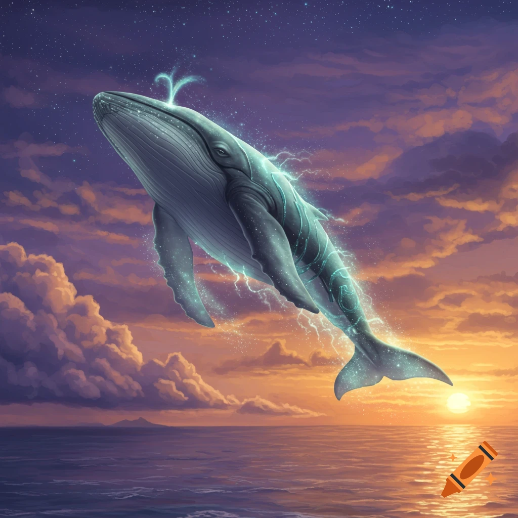 A luminous whale soars through a vibrant, star-filled sky above an ocean, bathed in the warm glow of a sunset.