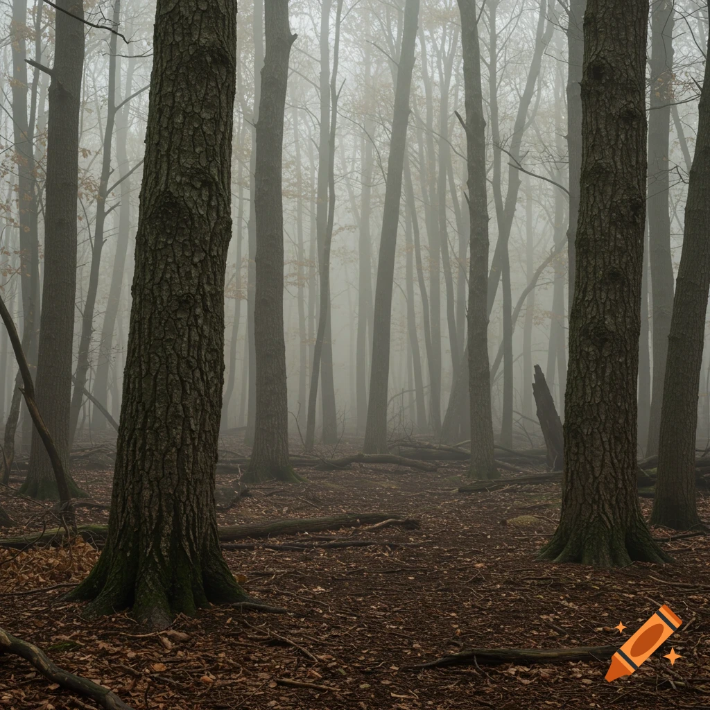 A dense, foggy forest with tall, bare trees and a ground covered in brown leaves and branches.