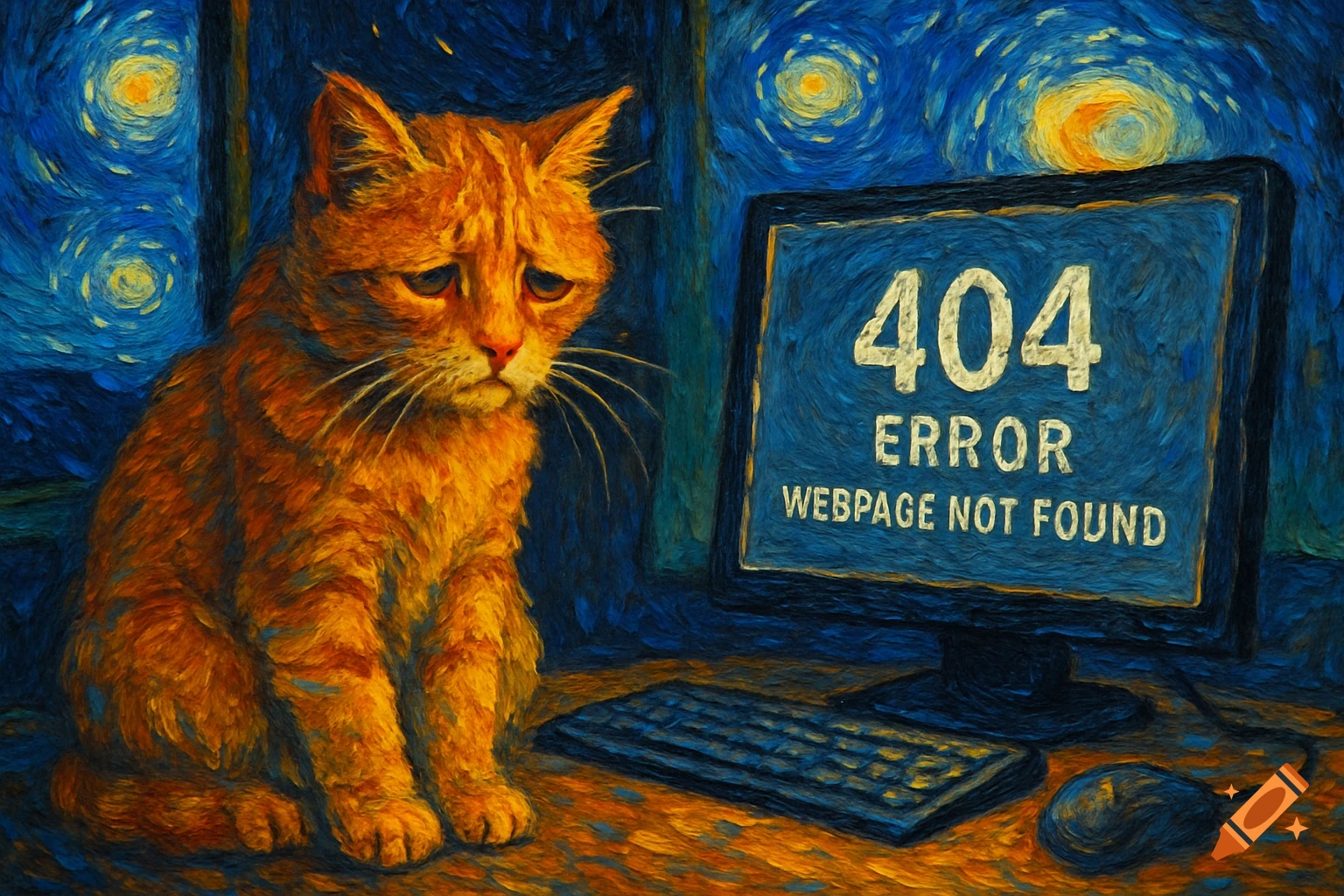 A sad orange tabby cat in a Van Gogh painting style sits by a monitor displaying a '404 Error'.