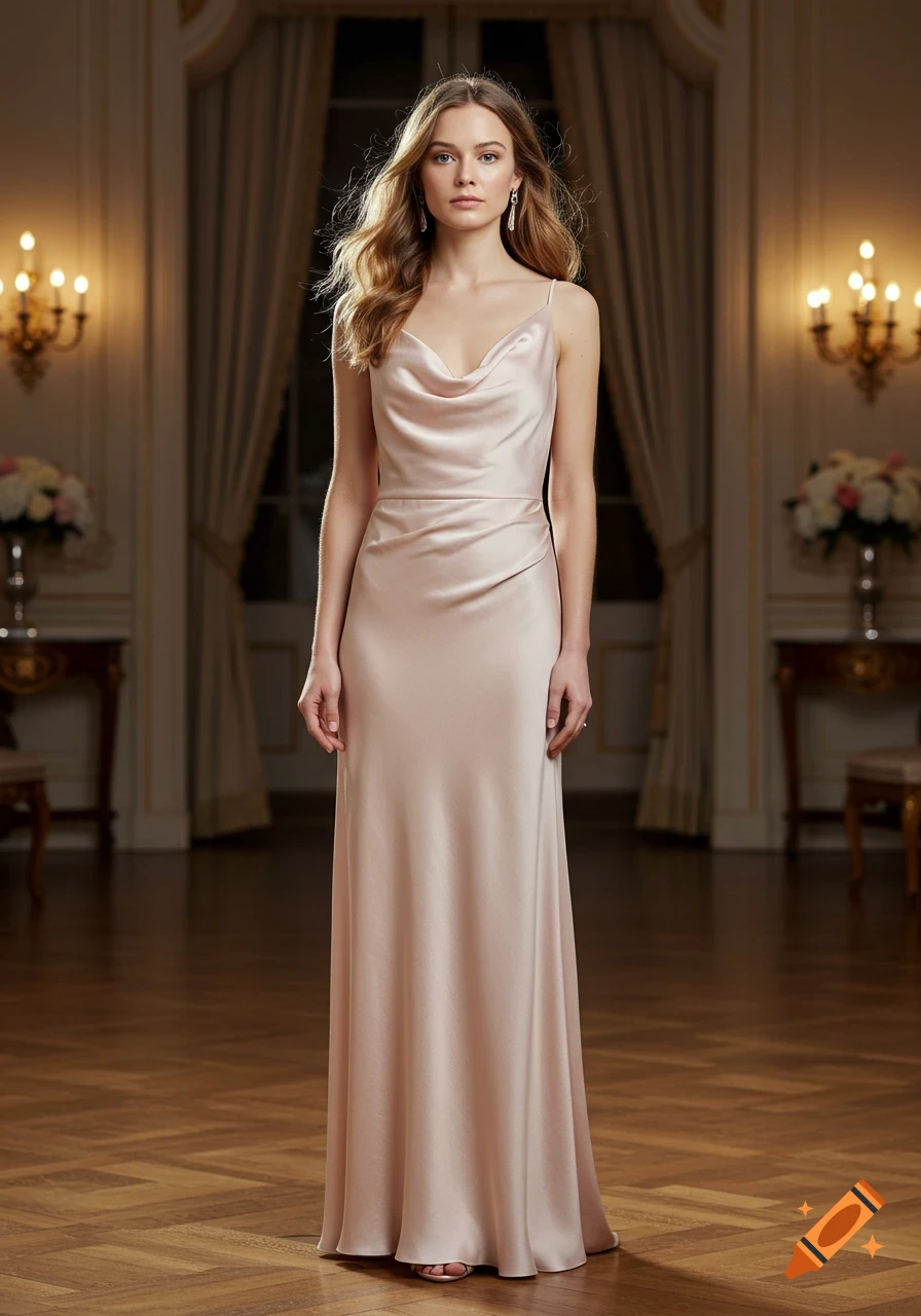 A photorealistic full-length portrait of a woman wearing a light pink satin cowl neck evening dress in an elegant room.
