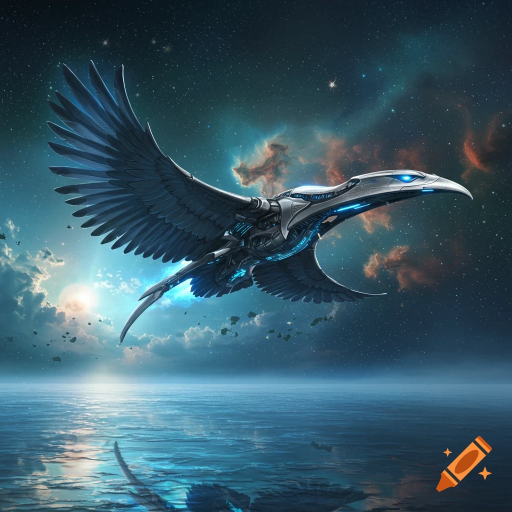 A sleek, silver, bird-like spaceship with blue glowing accents flies over a reflective dark ocean under a starry, cloudy, cosmic sky.