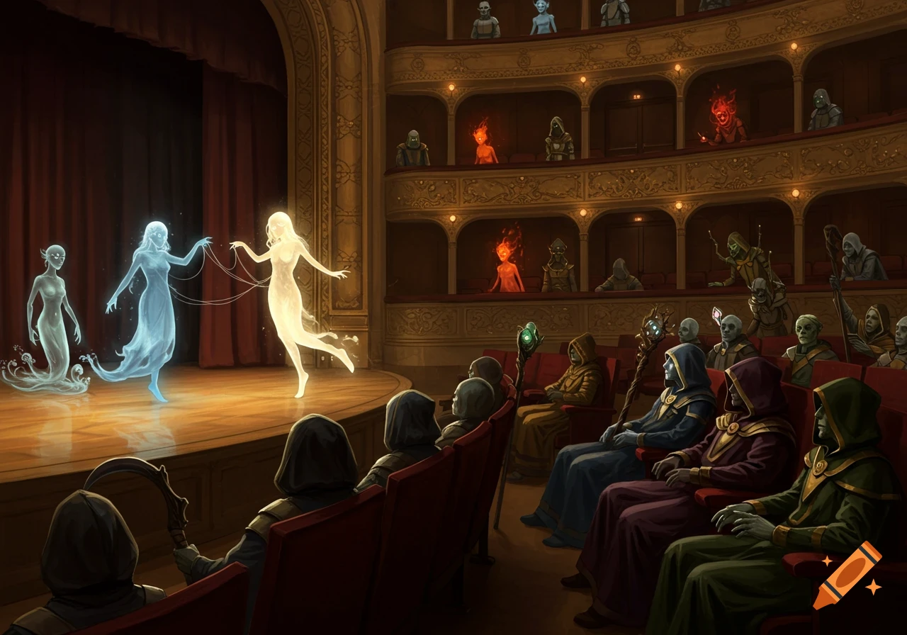 Three glowing spirits perform on a stage for an audience of robed mages and various other spirits in an ornate fantasy theater.