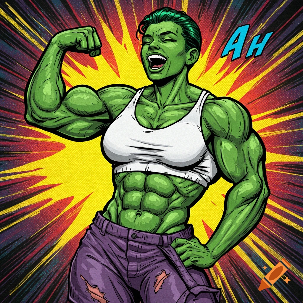 A muscular, green-skinned woman in a white sports bra and torn purple pants flexes her bicep, laughing, in a vibrant comic book illustration style.