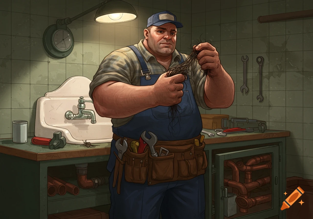 A cartoon plumber in overalls and a cap inspects a hair clog in a workshop.