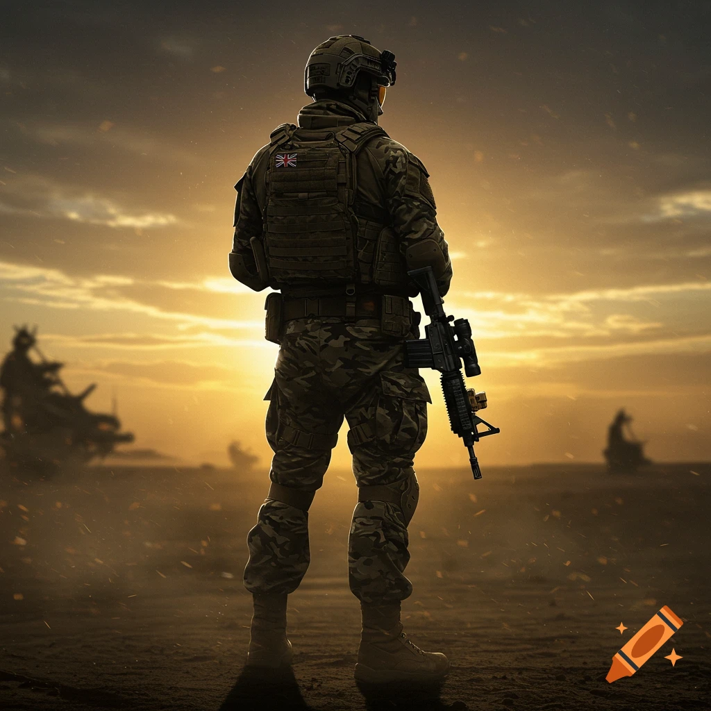 A soldier in camouflage, viewed from behind, holding a rifle, standing in a desert at sunset with dust in the air.