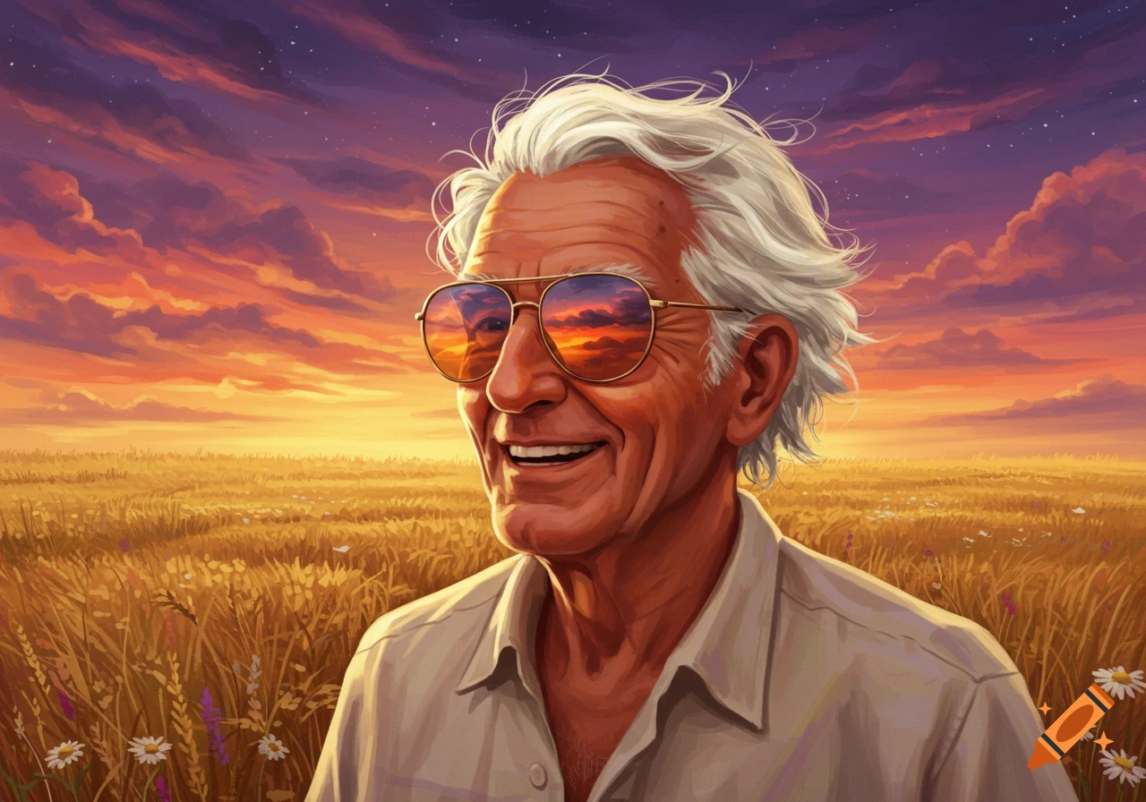 Stylized illustration of a smiling old man with white hair and sunglasses in a golden field under a vibrant sunset sky.