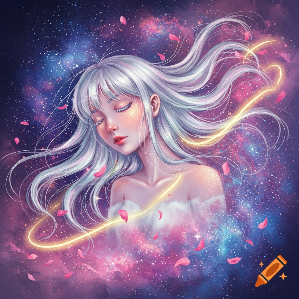 Digital art portrait of a dreamy girl with flowing white hair, closed eyes, surrounded by a galaxy, glowing lines, and pink petals.