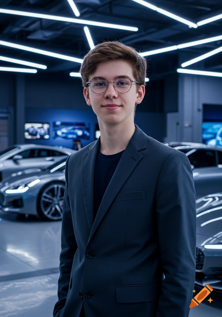 A young man in glasses and a dark suit stands smiling in a modern car showroom with bright lights.