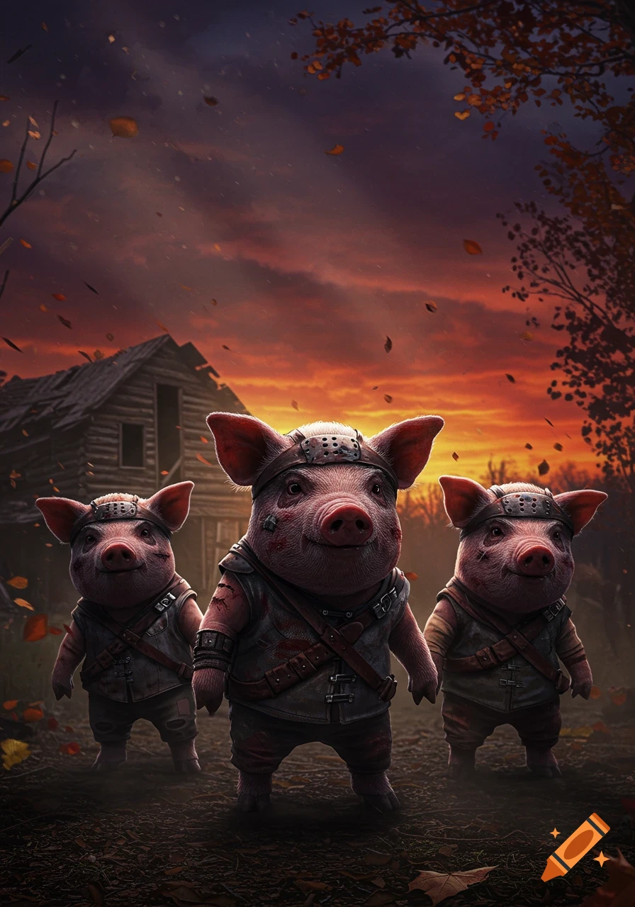 Three anthropomorphic warrior pigs with headbands and leather vests stand in a dark, autumnal forest before a dilapidated cabin at sunset.