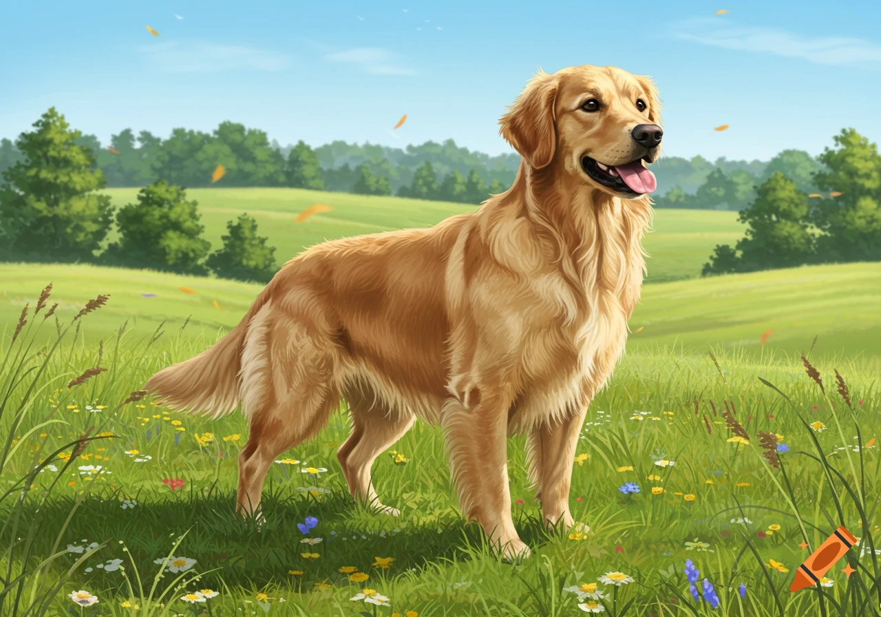 A happy Golden Retriever stands in a green field filled with wildflowers under a blue sky, illustrative style.