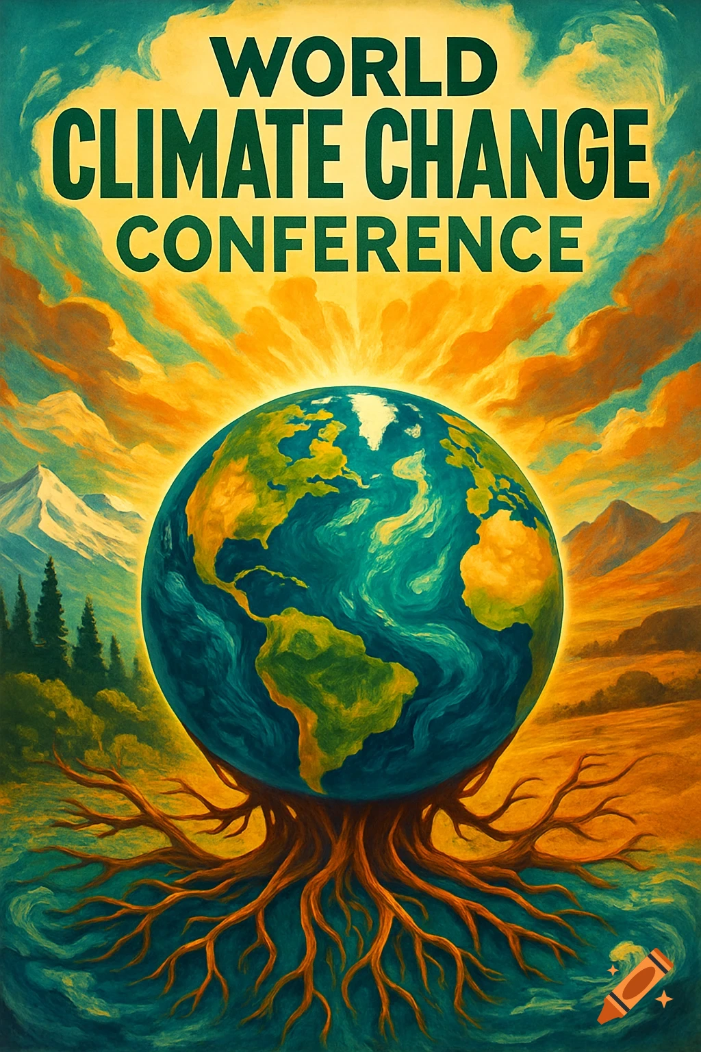 A painterly poster for the World Climate Change Conference, featuring Earth with roots, mountains, trees, and a sunburst.