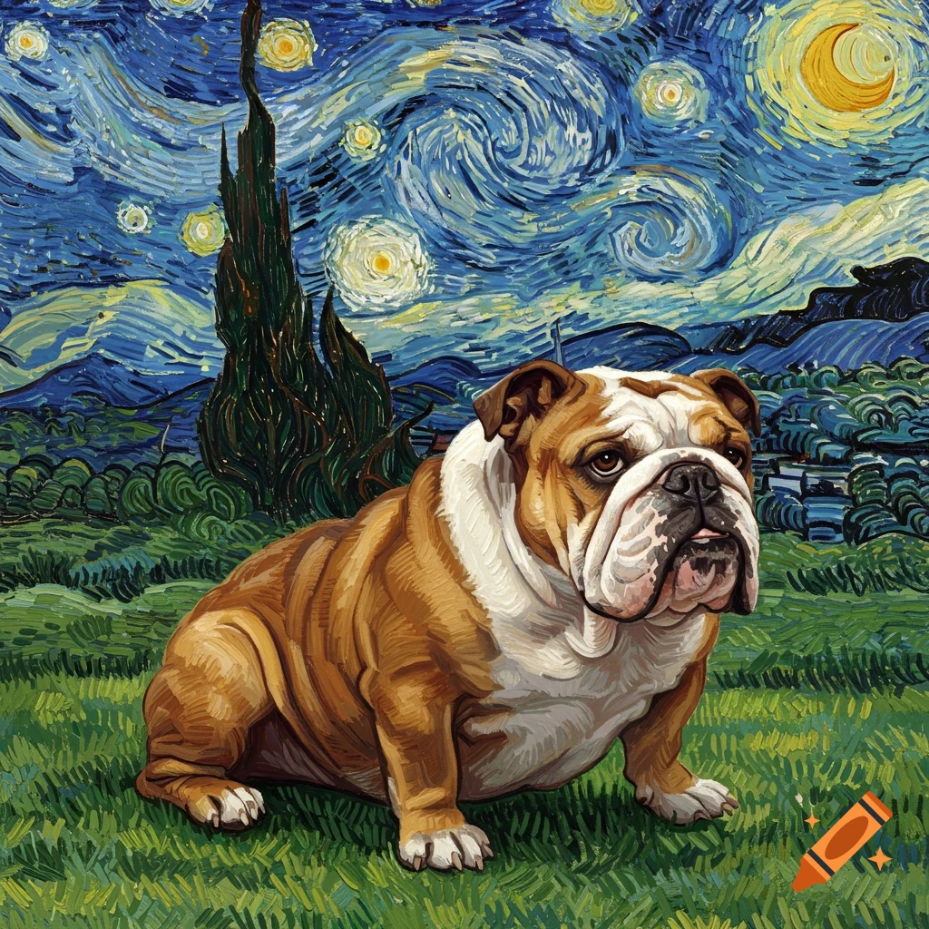 A bulldog sits in a field under a swirling, starry night sky in the distinct impressionistic style of Van Gogh.