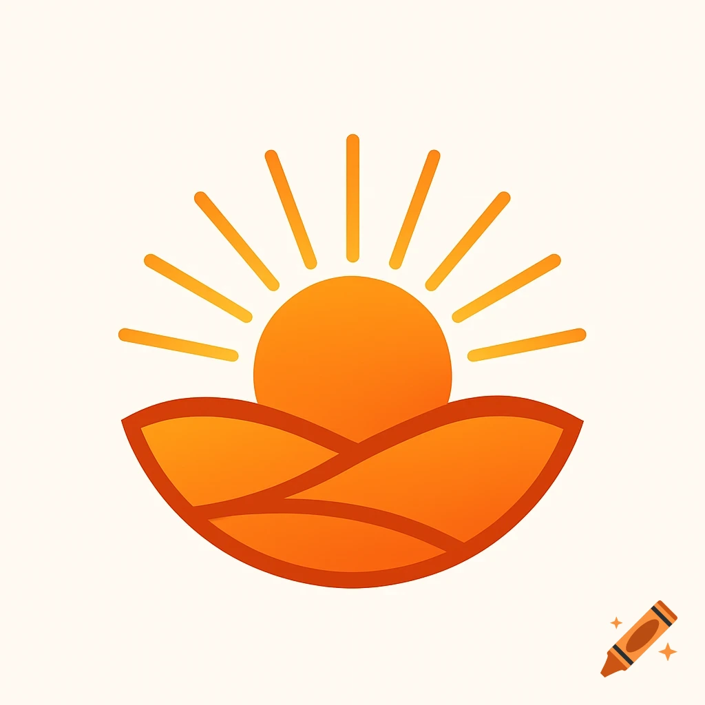 A stylized orange and yellow logo depicting a sun rising over rolling hills.