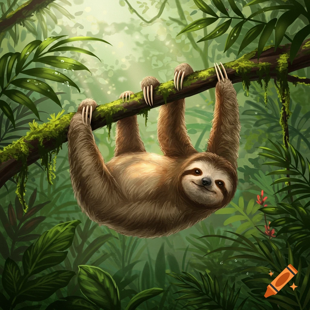 A smiling sloth with brown fur hangs upside down from a mossy tree branch in a vibrant, lush green jungle.