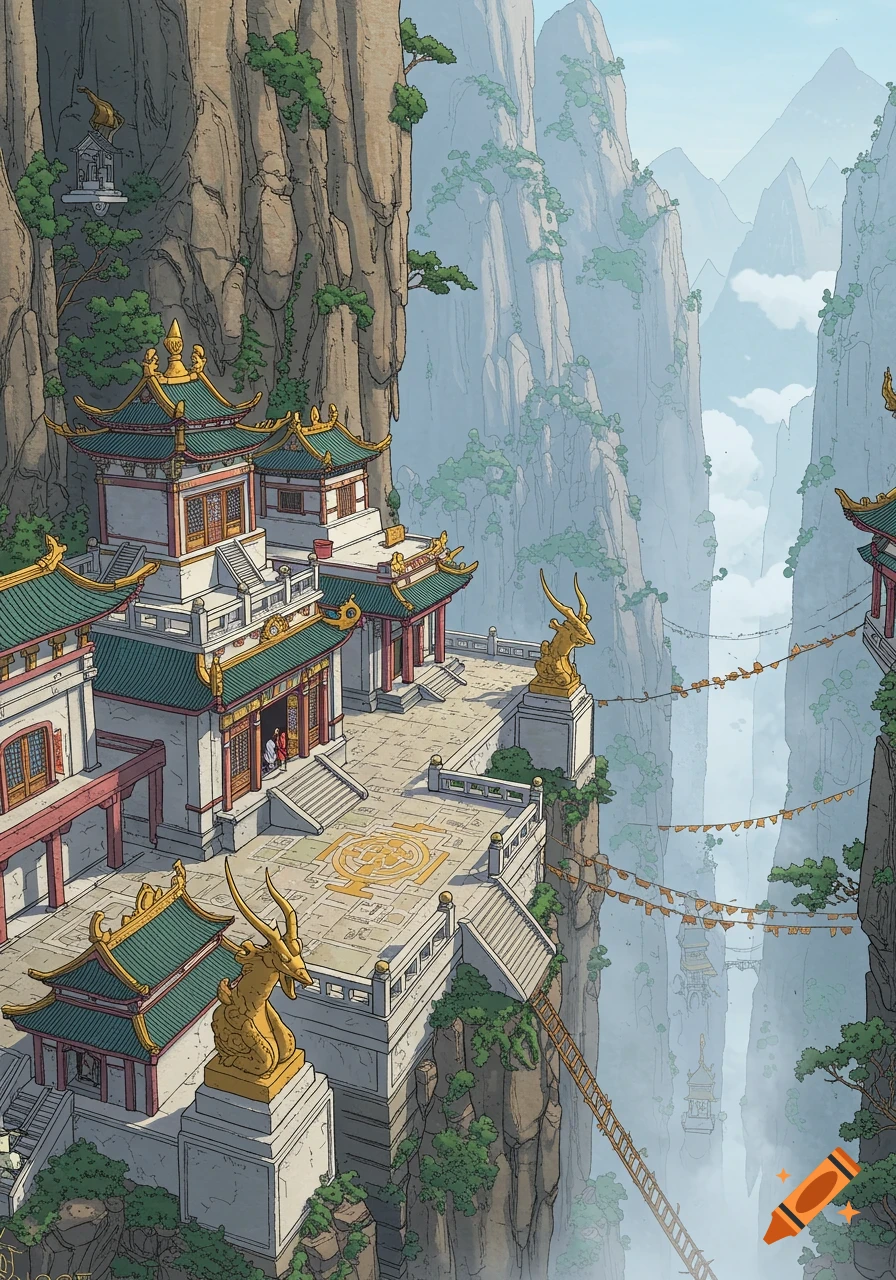 A ligne claire comic art style depiction of traditional Chinese monastery buildings built into a misty mountain cliffside with ornate golden sculptures and paving symbols.
