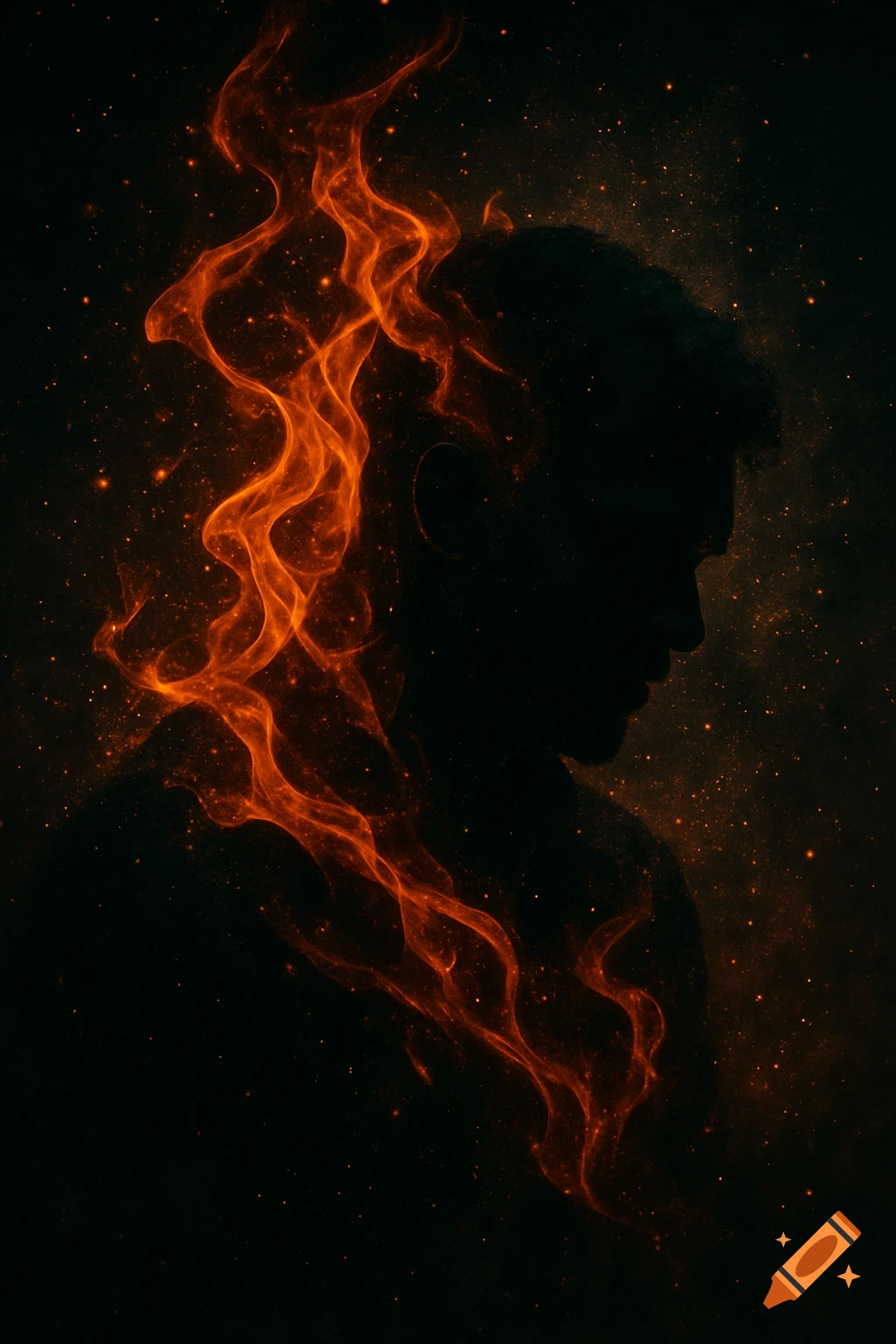 Dramatic silhouette of a person's profile, engulfed in glowing orange flames and sparkling dust on a dark background, digital art.