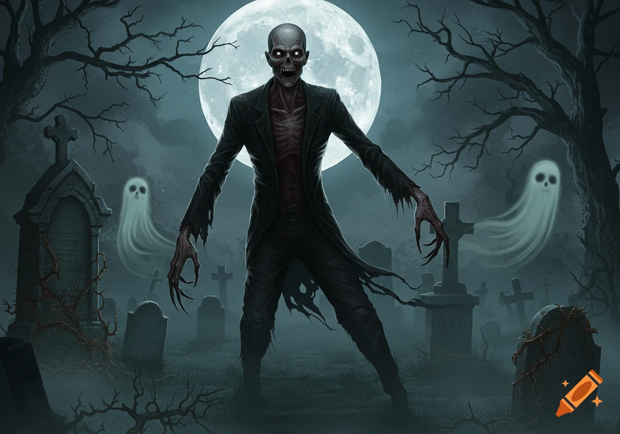 A terrifying zombie in a torn black suit stands in a misty graveyard under a full moon, with two ghostly figures floating in the background.