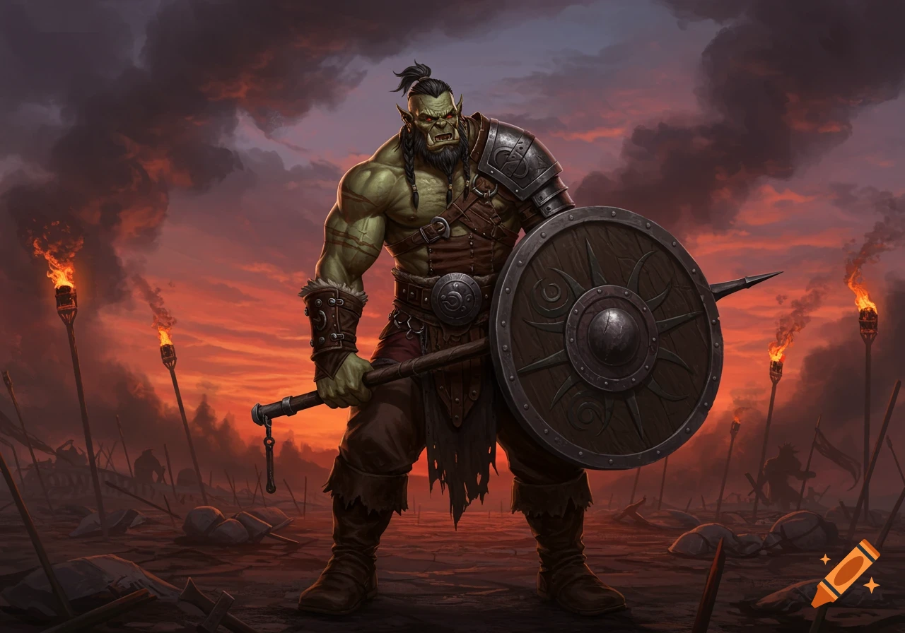 A powerful green orc warrior stands on a smoky battlefield at sunset, holding a large shield and an axe. Torches burn around him.