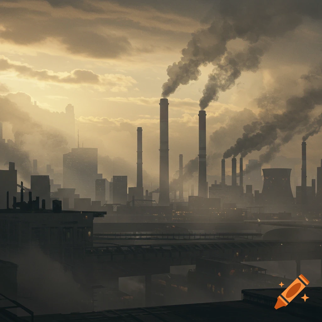 Dystopian industrial cityscape with towering chimneys belching thick smoke into a hazy, cloudy sky.