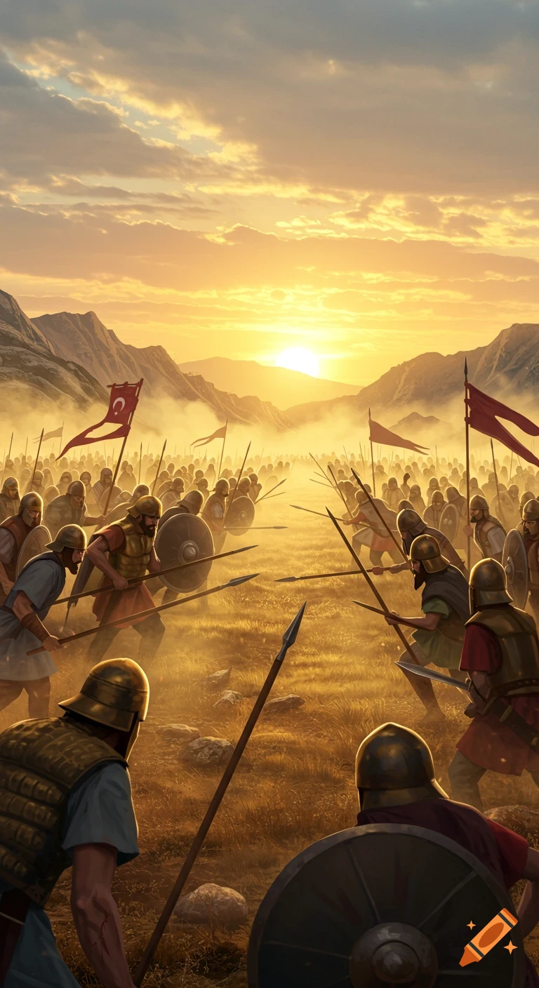 Two ancient armies with spears and shields face each other on a dusty plain at sunrise, digital painting.