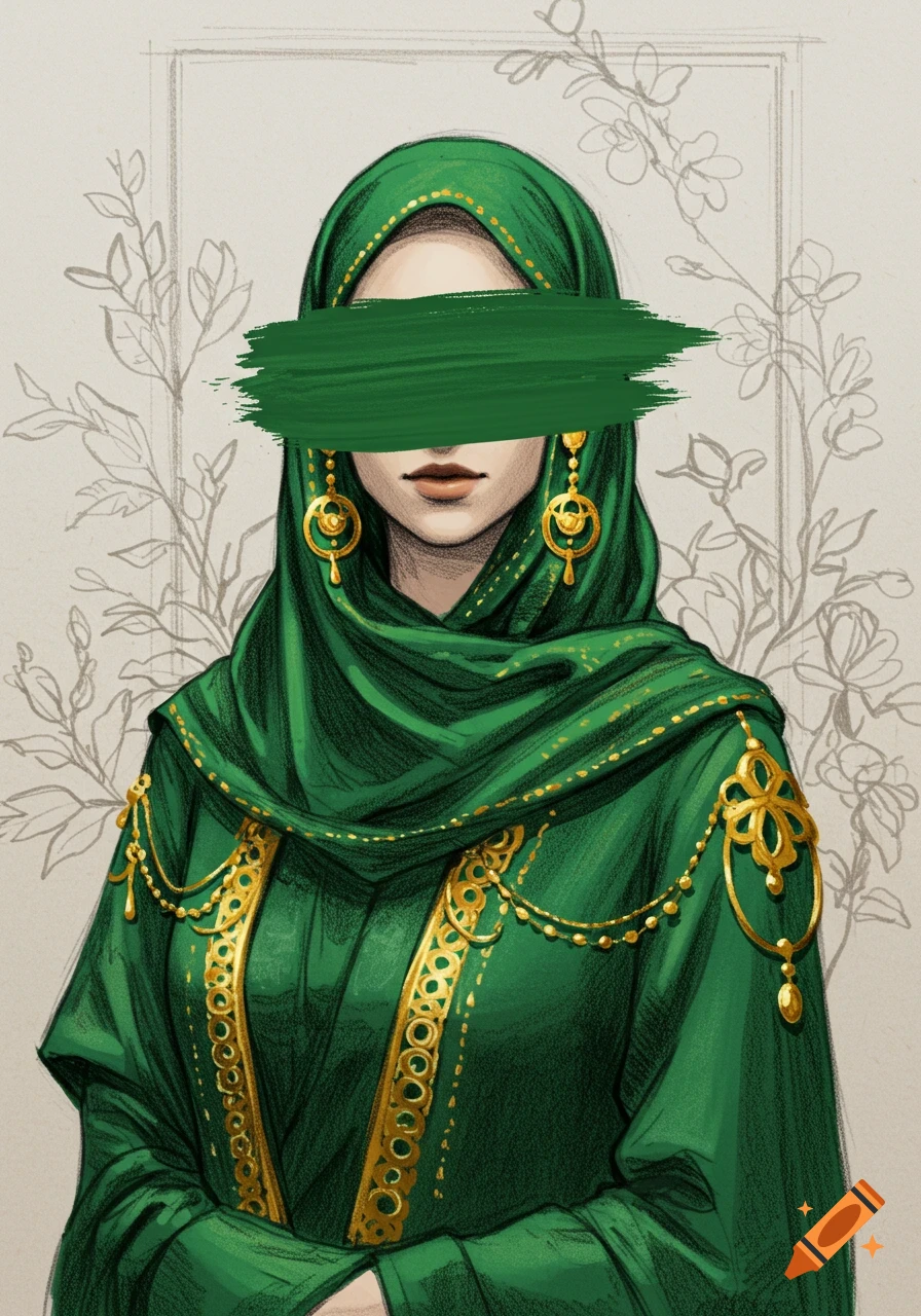 A stylized portrait illustration of a woman wearing a green hijab and ornate gold jewelry, with a green brushstroke covering her eyes, set against a background with faint floral sketches.
