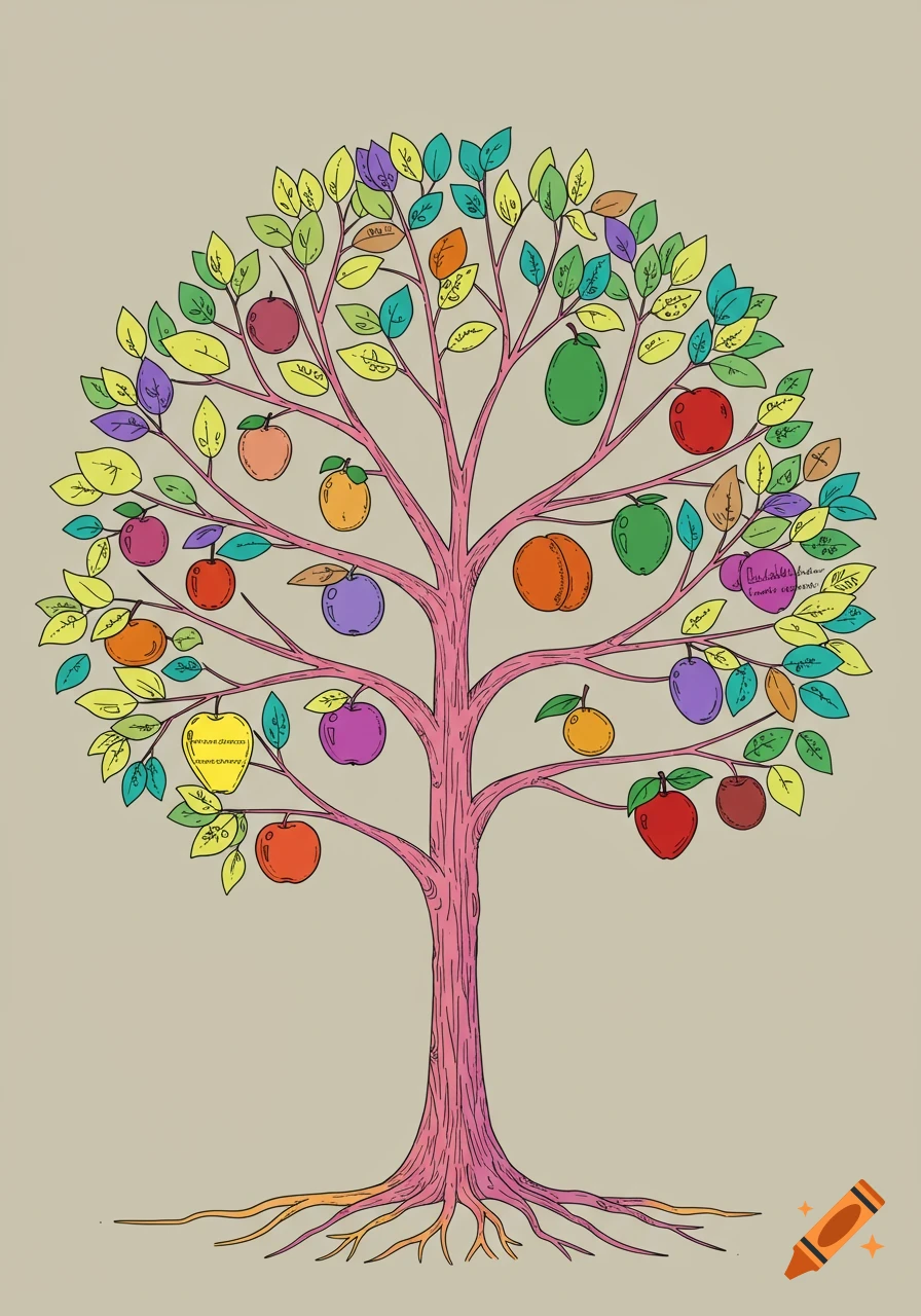 A stylized tree with a pink trunk and roots, multi-colored leaves, and ...