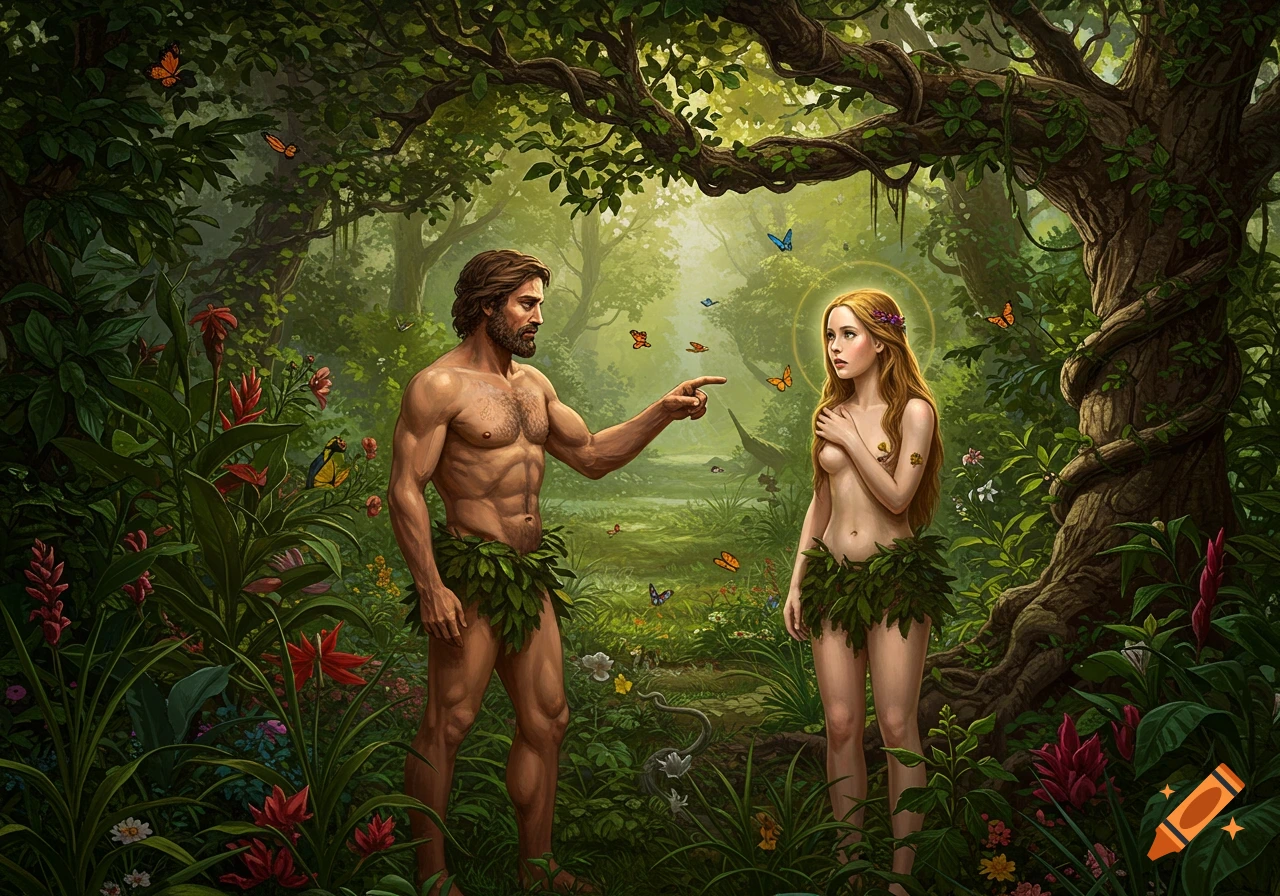 Detailed painting of Adam pointing accusingly at Eve in a lush Garden of Eden with butterflies and vibrant plants.