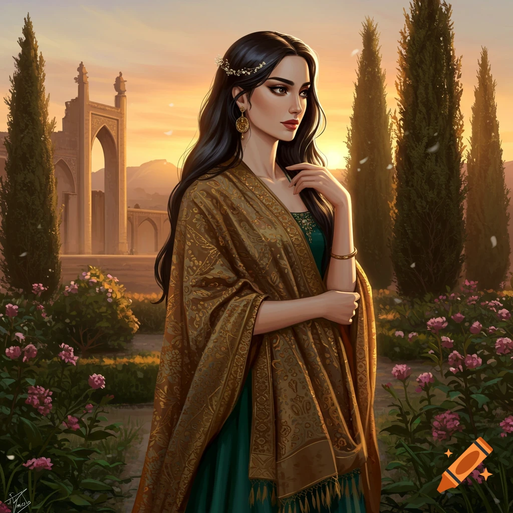 A digitally painted portrait of a woman in traditional green and gold attire in a lush garden with ancient ruins at sunset.