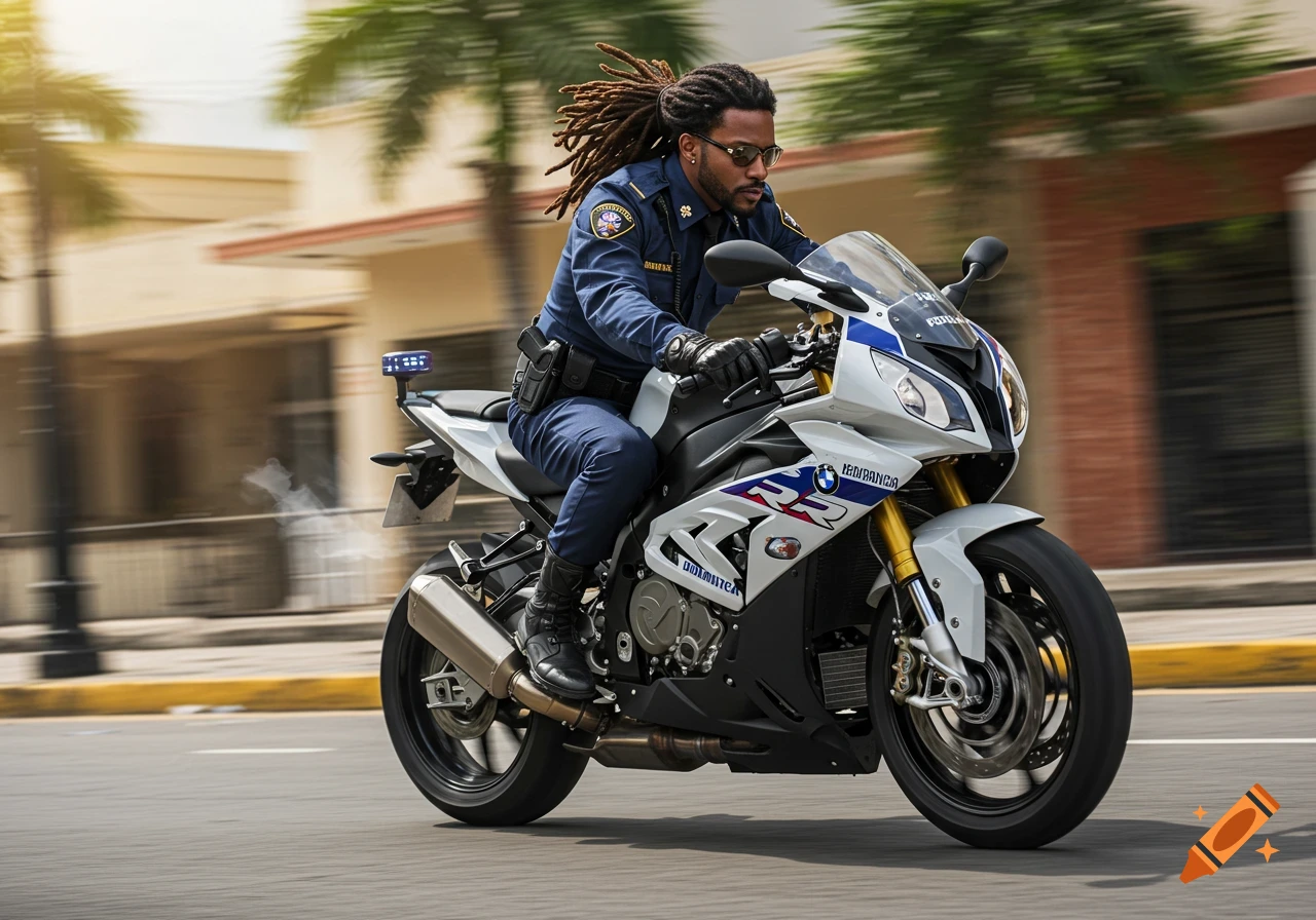 A man with dreadlocks, dressed as a police motorcycle officer, rides a white and blue BMW super sport police motorcycle down a street.