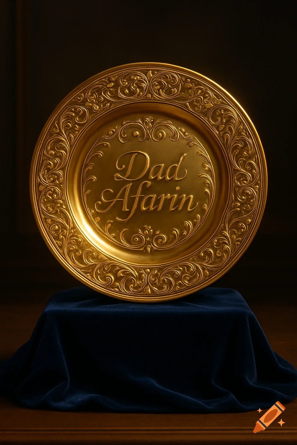 A shiny gold decorative plate with ornate borders sits on a blue velvet cloth, bearing the engraved text 'Dad Afarin'.