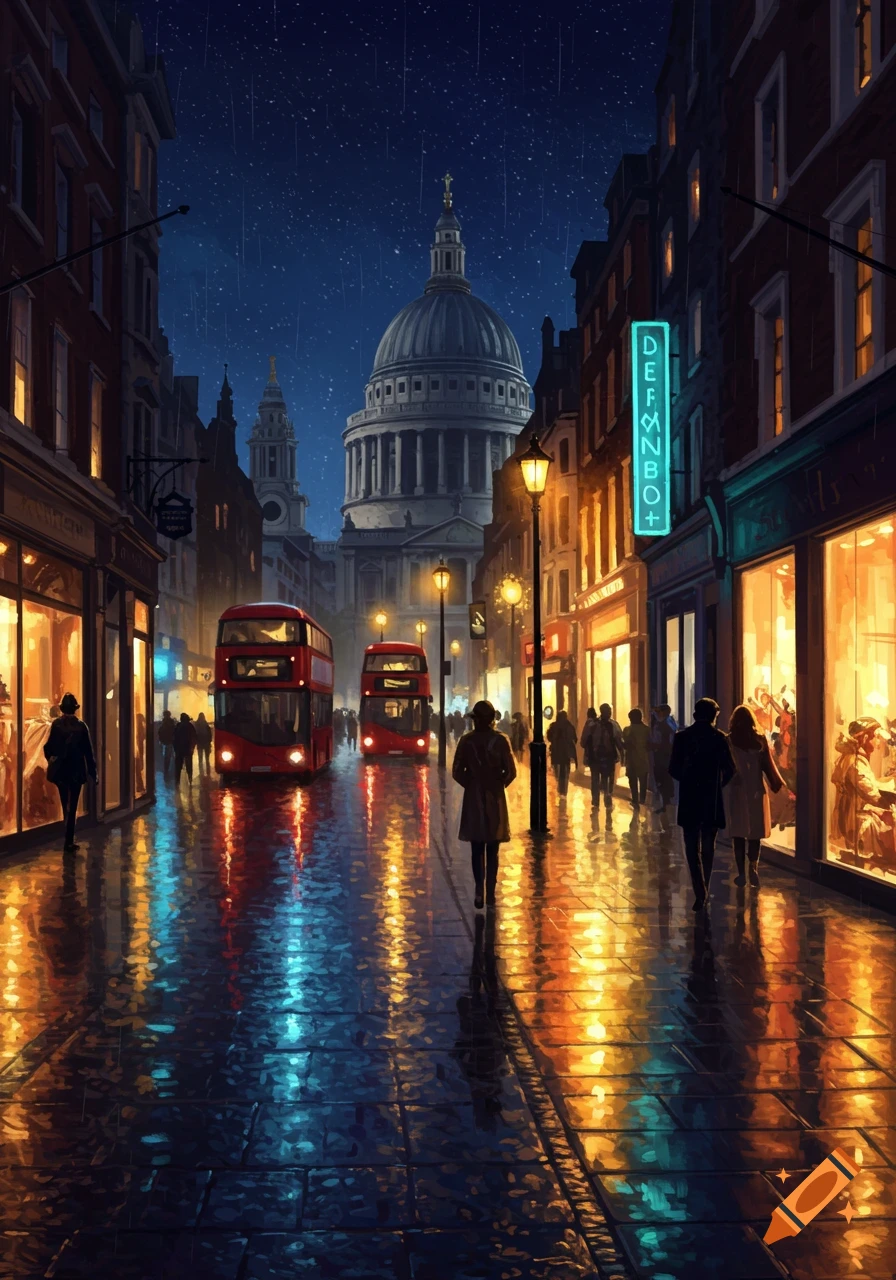 Painterly rainy night street in London with St. Paul's Cathedral, red double-decker buses, and pedestrians, illuminated by shop lights.