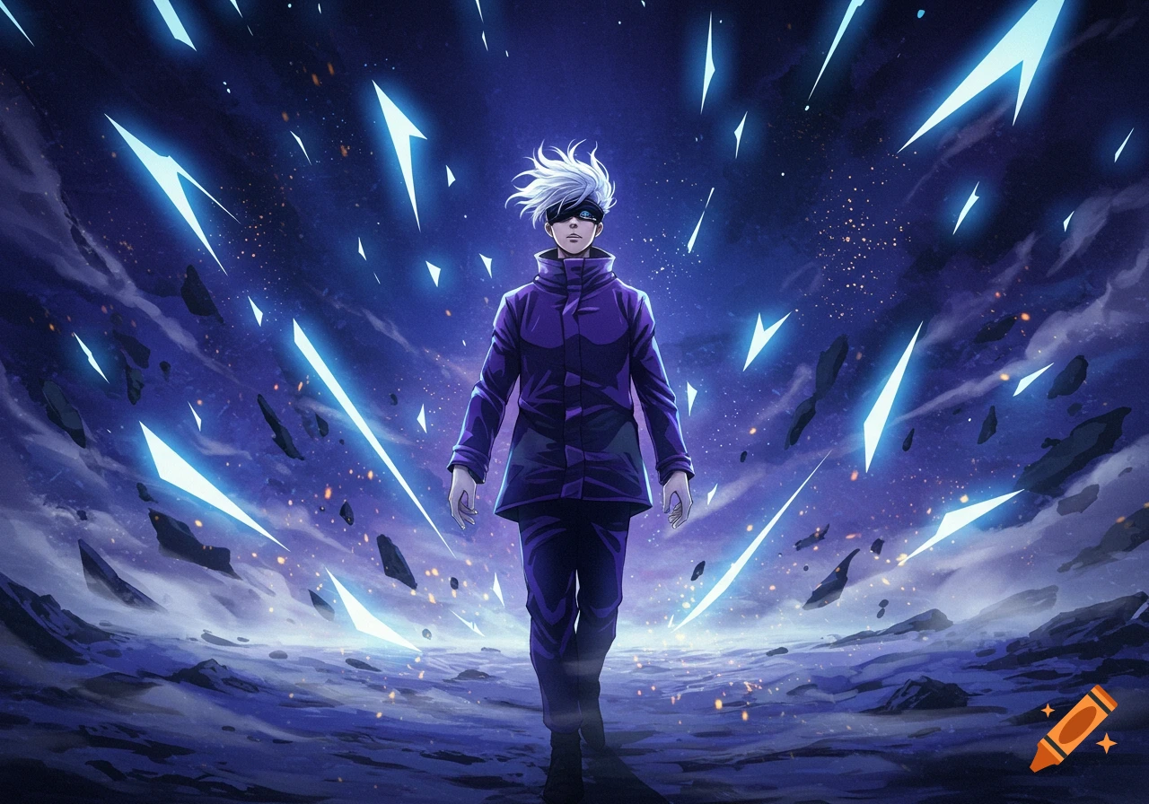 Anime character Gojo Satoru with white hair and blindfold, in a dark purple coat, walks through a glowing blue cosmic landscape.