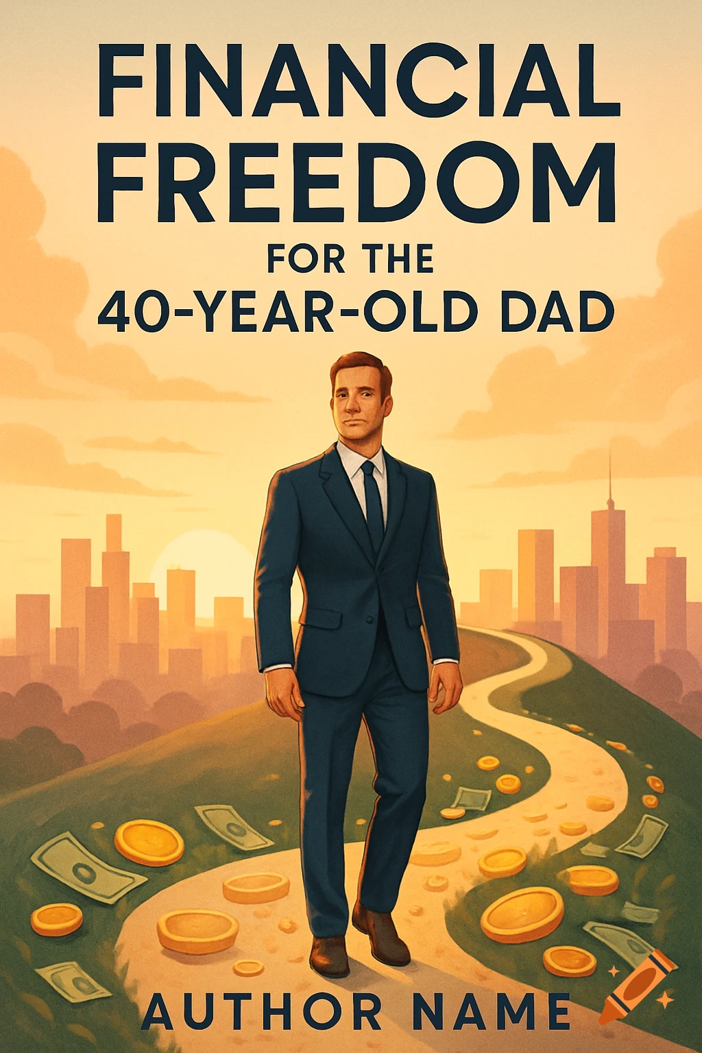 An illustrated book cover showing a man in a suit standing on a winding path with money, a cityscape, and text "FINANCIAL FREEDOM FOR THE 40-YEAR-OLD DAD".
