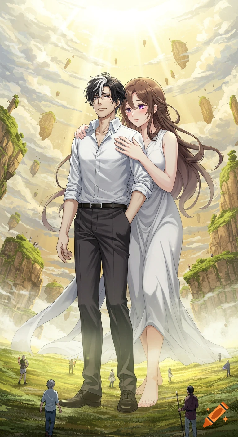 Anime illustration of a man and giantess woman embracing on a grassy field with tiny people, floating islands, and a radiant sky.