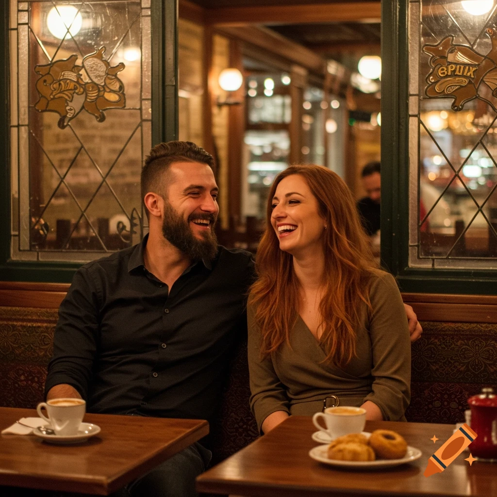 A smiling, laughing couple with coffee at a cozy cafe or restaurant, photorealistic.