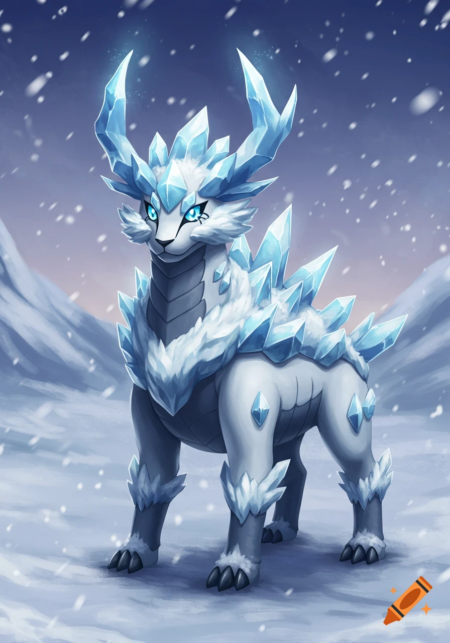 An illustrative ice-type fantasy creature with crystal antlers and white fur stands in a snowy, mountainous landscape with falling snowflakes.