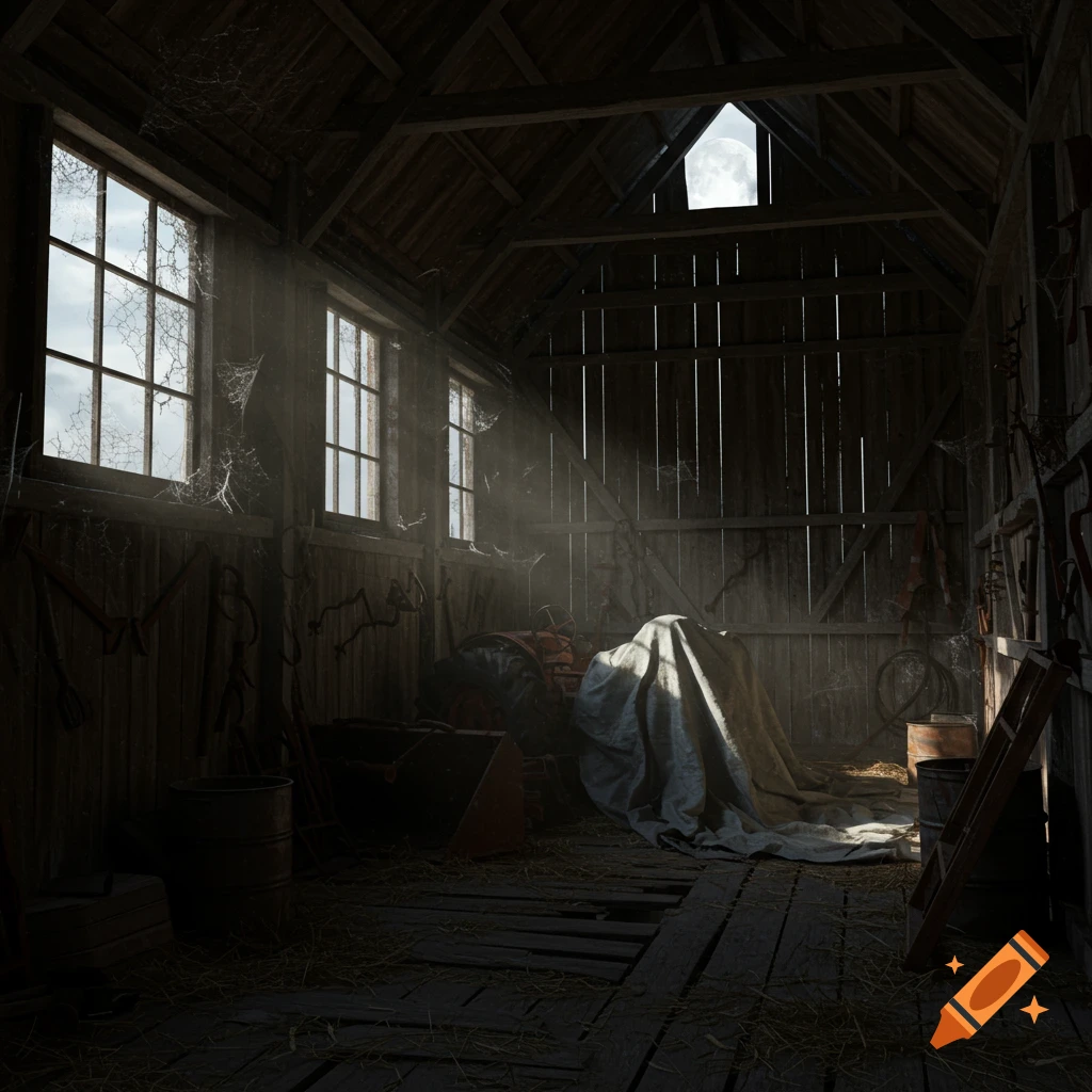 A dusty, cobweb-filled barn interior at night, with moonlight shining through a roof opening and windows.