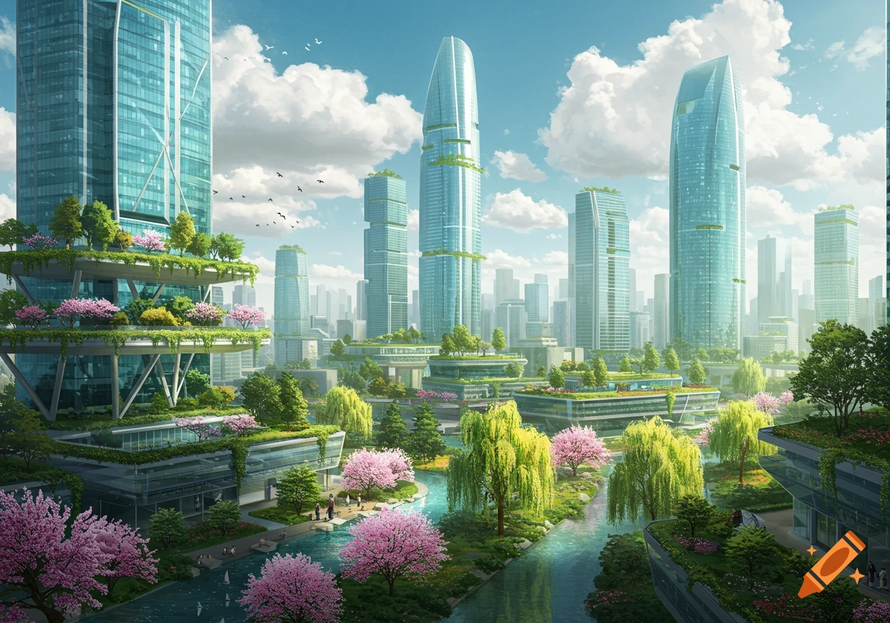A vibrant futuristic city blending modern architecture with abundant nature, including green skyscrapers, rivers, and blooming trees.