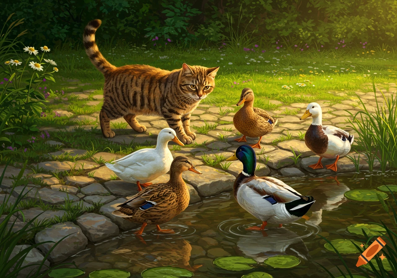 A tabby cat watches several ducks by a pond in a lush green garden setting, depicted in a detailed, illustrative style.
