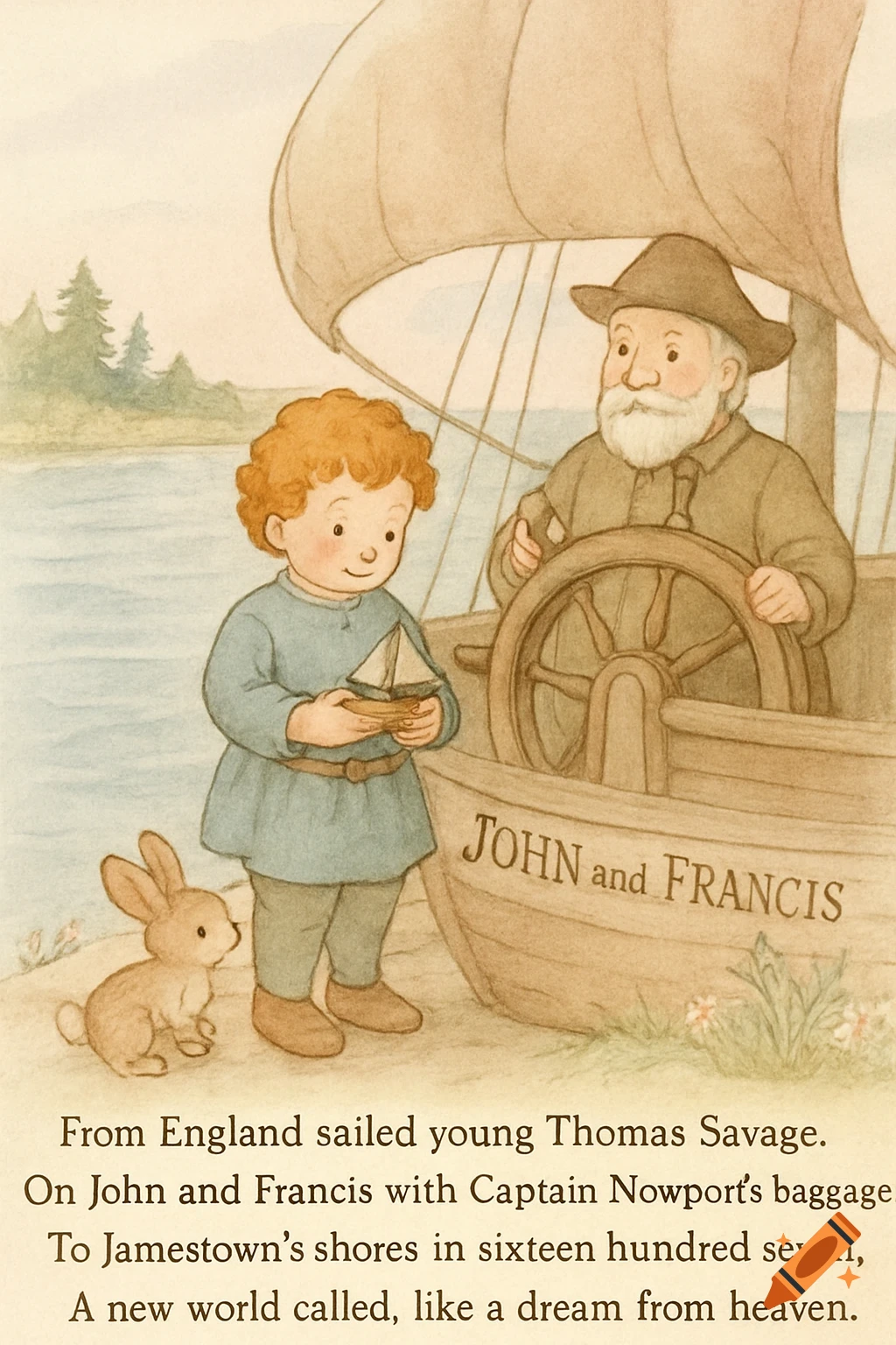 A Beatrix Potter-style watercolor shows a boy holding a toy boat next to a rabbit, and a bearded man steering a ship labeled "JOHN and FRANCIS" on a shore.