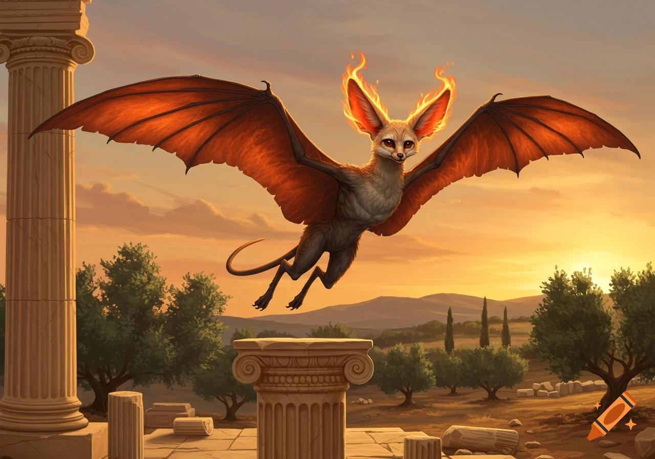 A mythical fennec fox-bat creature with fiery ears flies over ancient Greek ruins at sunset.