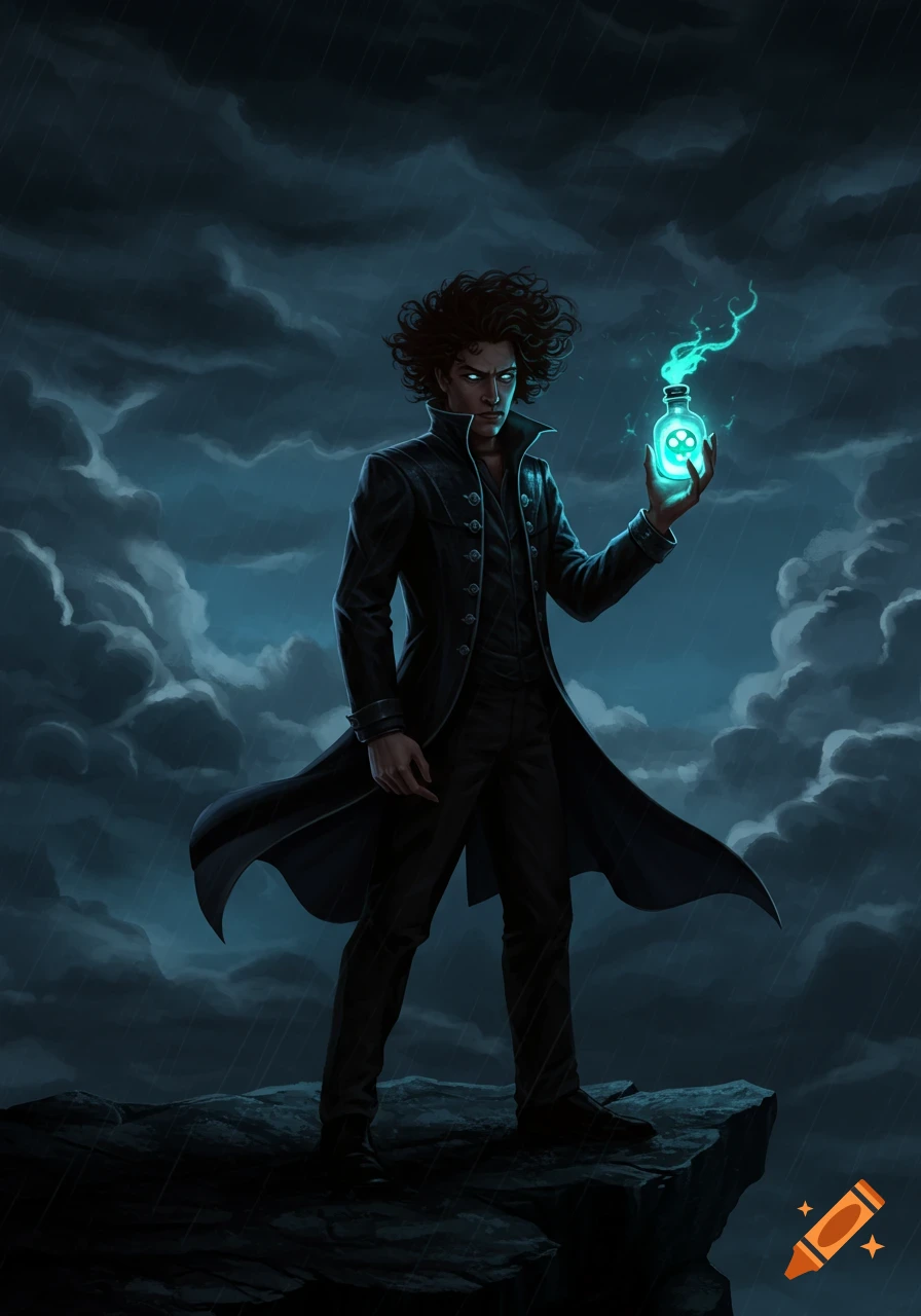 A villain with dark curly hair stands on a rock in the rain, holding a glowing teal vial with a skull symbol, under a stormy sky.