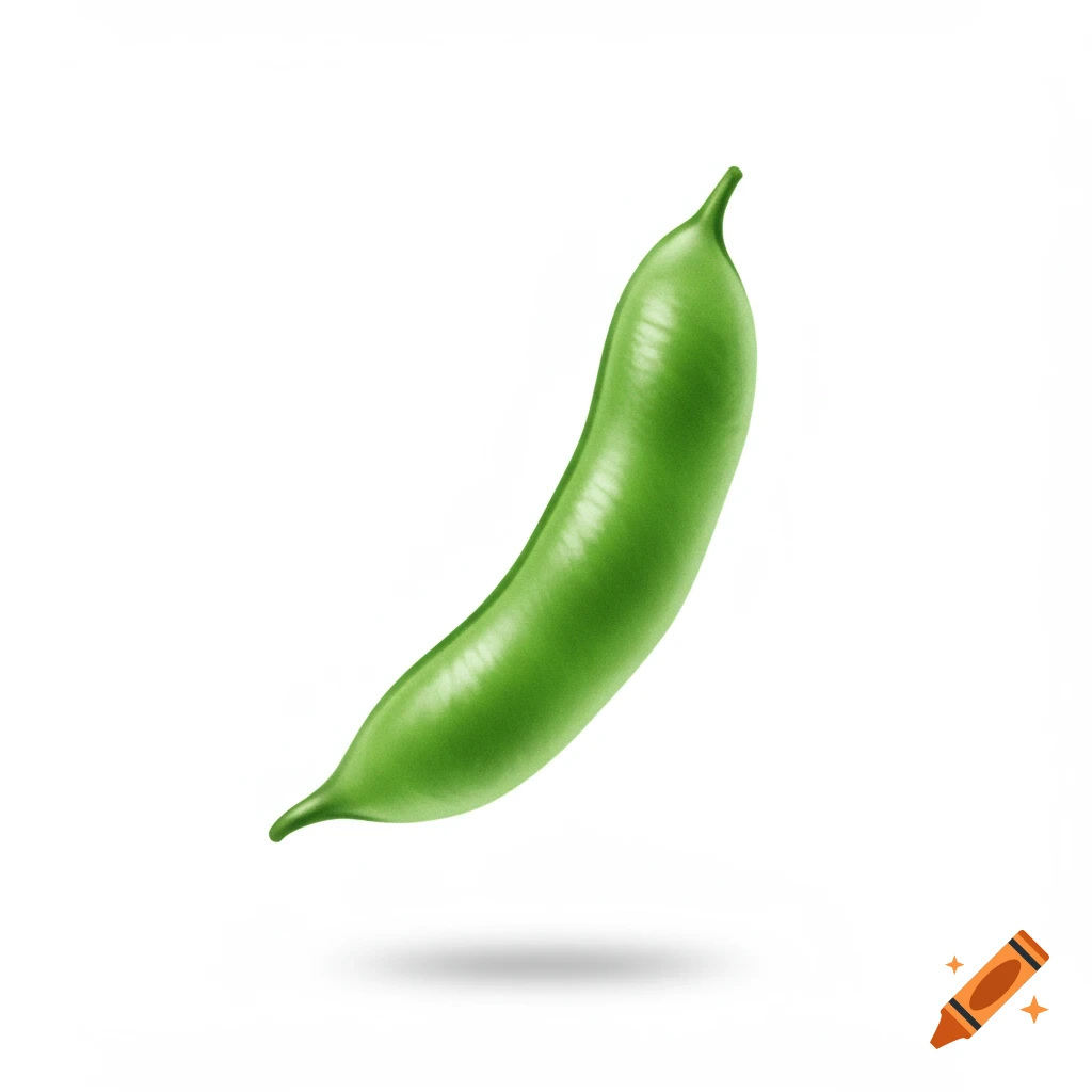 A single green bean pod floating on a white background.