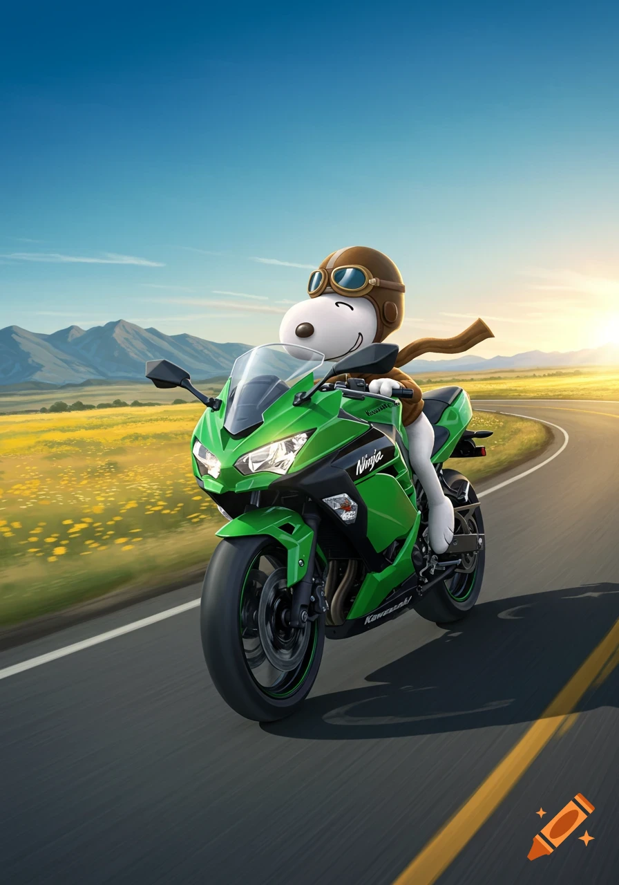 Cartoon Snoopy in pilot gear rides a green Kawasaki Ninja motorcycle on a sunny road with mountains and fields.