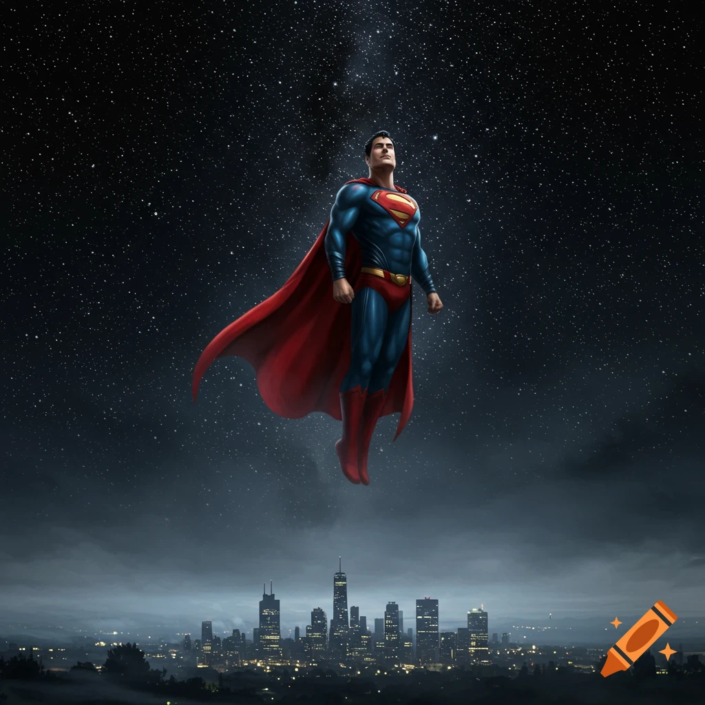 Superman in his iconic suit and red cape flies above a sparkling city skyline under a starry night sky.
