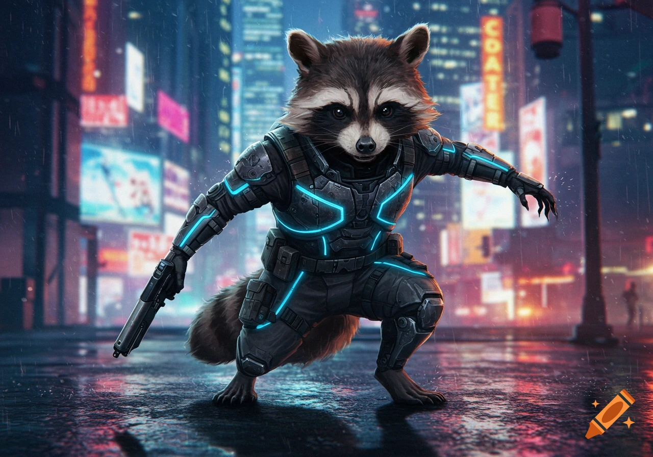 A raccoon in futuristic, glowing blue and dark grey armor with a gun, crouching in a rainy cyberpunk city street with neon signs.