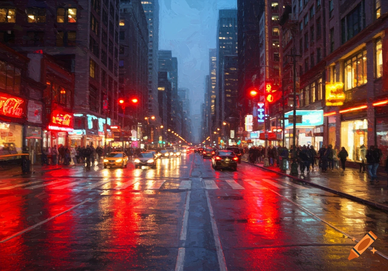 Abstract painting of a wet city street at night with neon signs reflecting on the pavement, cars, and pedestrians.